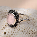 Bohemian Rose Quartz Ring with Vintage Silver Beaded Frame