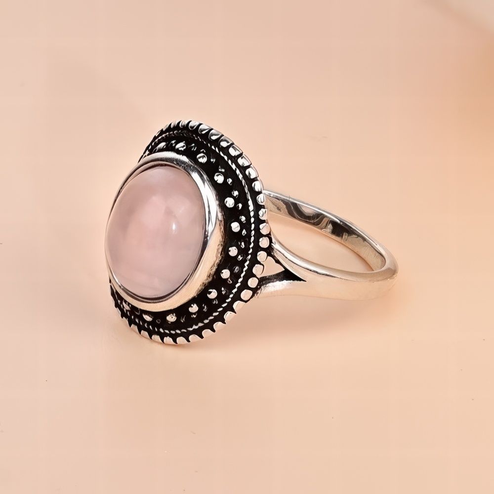 Bohemian Rose Quartz Ring with Vintage Silver Beaded Frame