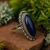 Bohemian Long Oval Blue Goldstone Ring with Vintage Design