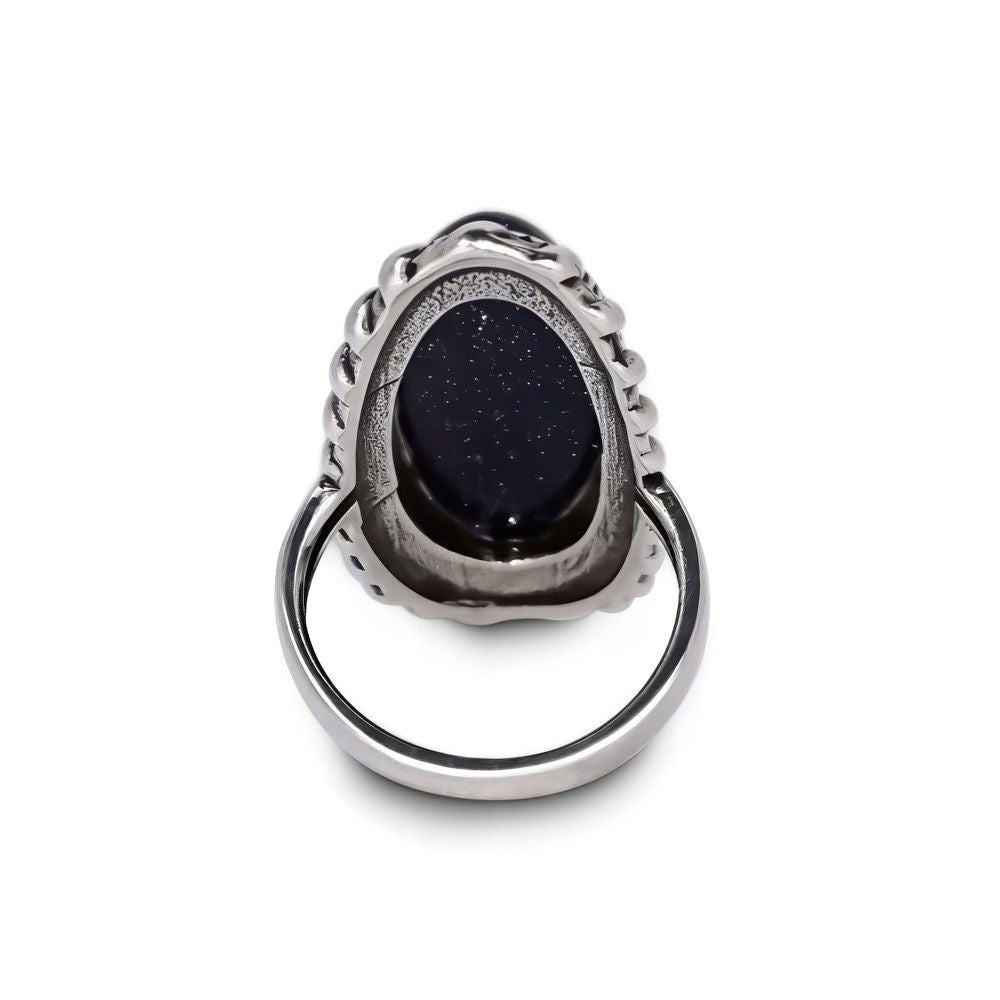 Bohemian Long Oval Blue Goldstone Ring with Vintage Design