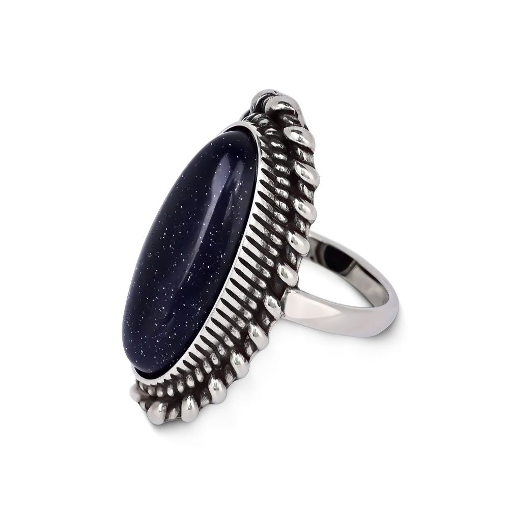 Bohemian Long Oval Blue Goldstone Ring with Vintage Design