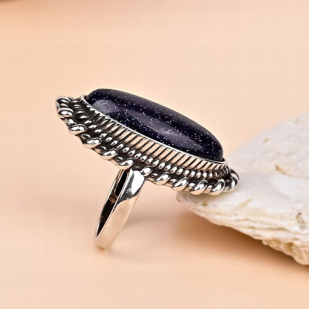 Bohemian Long Oval Blue Goldstone Ring with Vintage Design