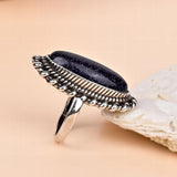Bohemian Long Oval Blue Goldstone Ring with Vintage Design