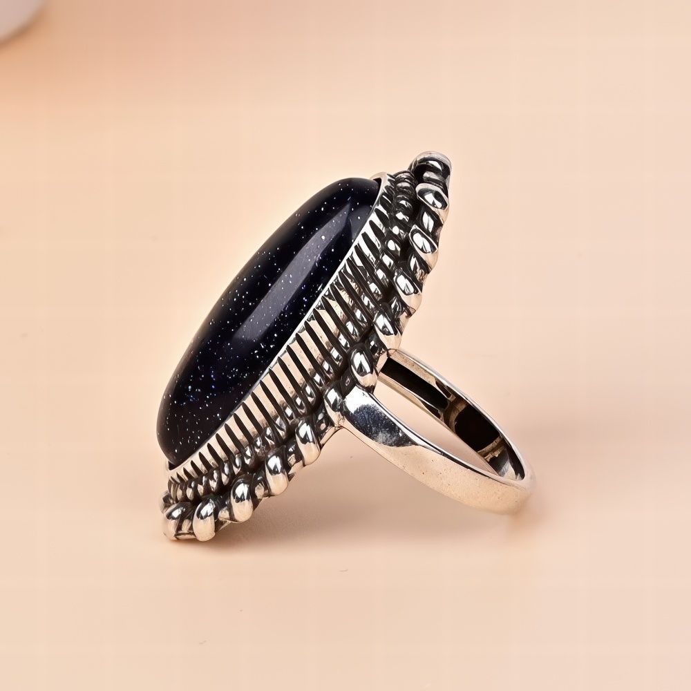 Bohemian Long Oval Blue Goldstone Ring with Vintage Design