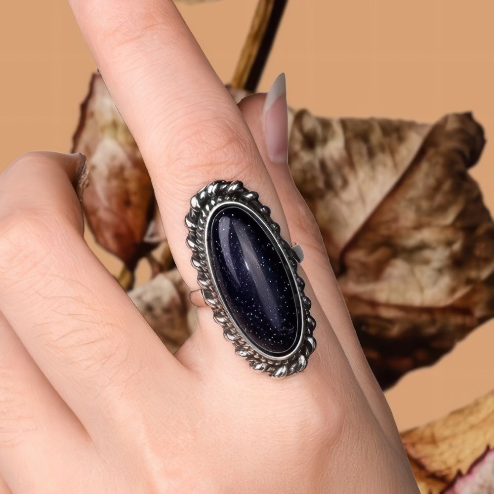Bohemian Long Oval Blue Goldstone Ring with Vintage Design