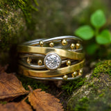Wave Design Ring with Diamond and Golden Bead Accents