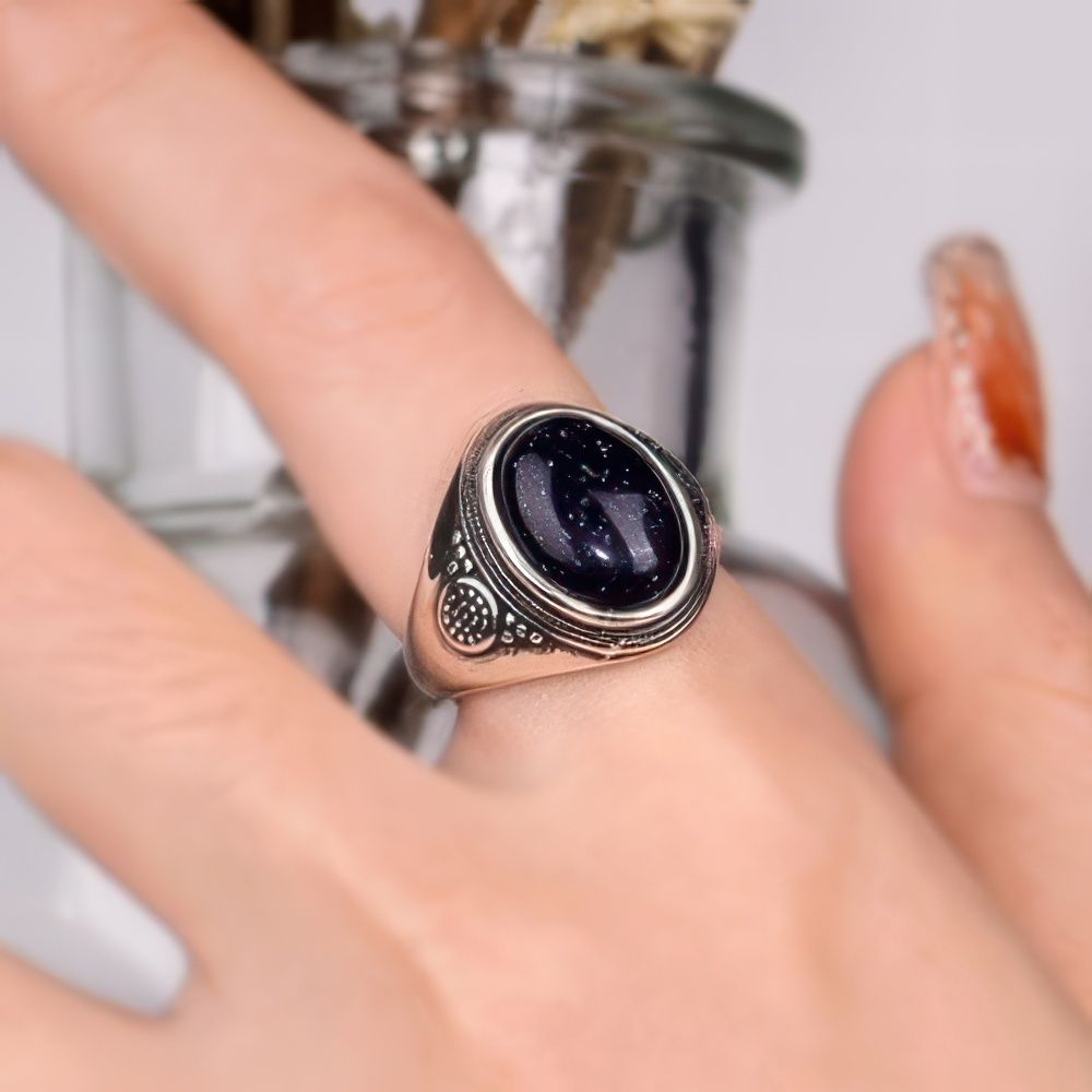 Vintage Bohemian Blue Goldstone Ring with Nature Inspired Design