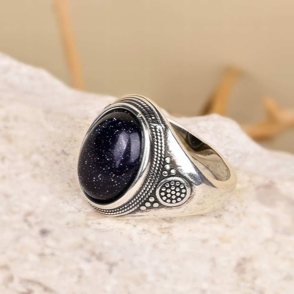 Vintage Bohemian Blue Goldstone Ring with Nature Inspired Design