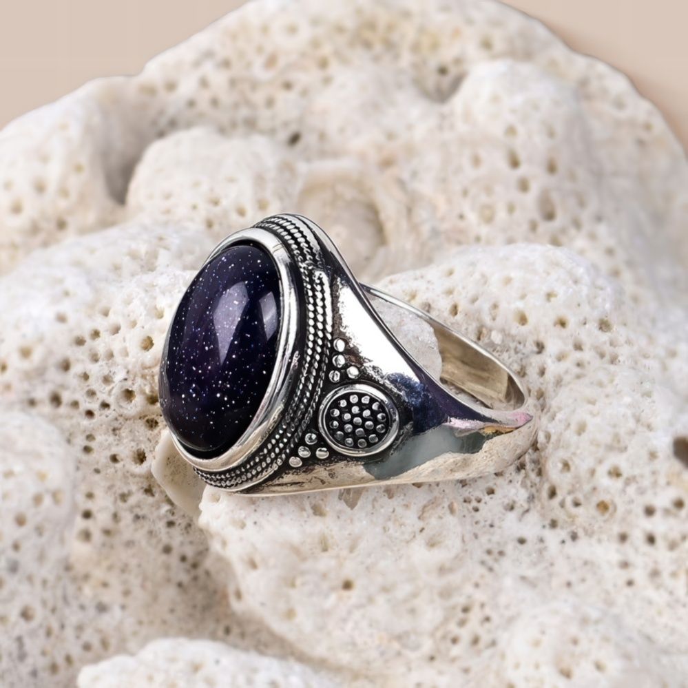 Vintage Bohemian Blue Goldstone Ring with Nature Inspired Design