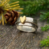Wide Band Ring with Golden Heart and Organic Finish