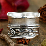 Rustic Wide-Band Silver Ring with Rose and Vine Design