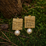 Gold Woven Rectangle Earrings with Natural Pearl Drops