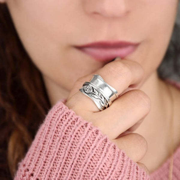 Rustic Wide-Band Silver Ring with Rose and Vine Design