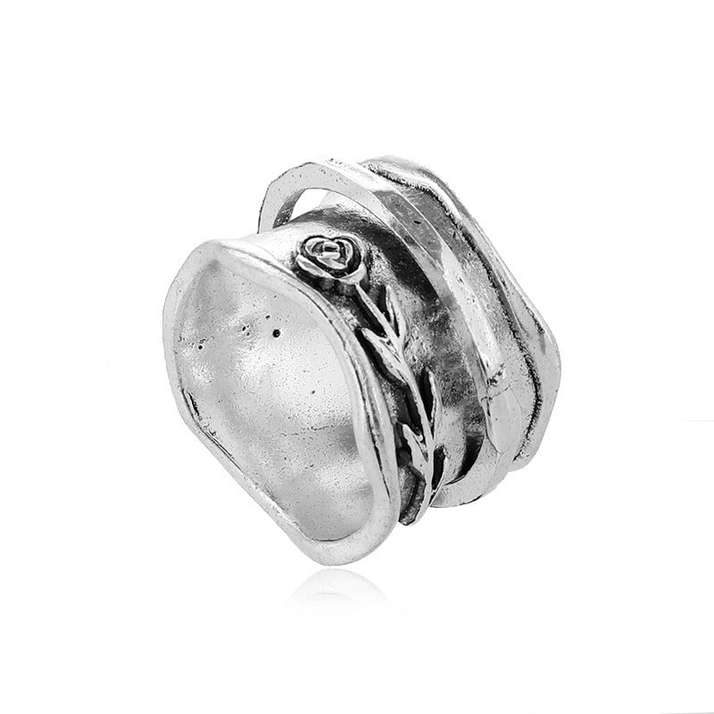 Rustic Wide-Band Silver Ring with Rose and Vine Design