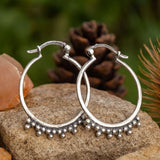 Bohemian Silver Hoop Earrings with Granulated Tribal Bead Design