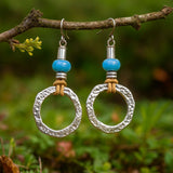 Rustic Circle Dangle Earrings with Leather and Blue Beads
