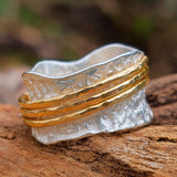 Textured Wide Band Ring with Hammered Gold Accent Lines