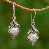 Vintage Leaf Filigree Earrings with White Pearl Center