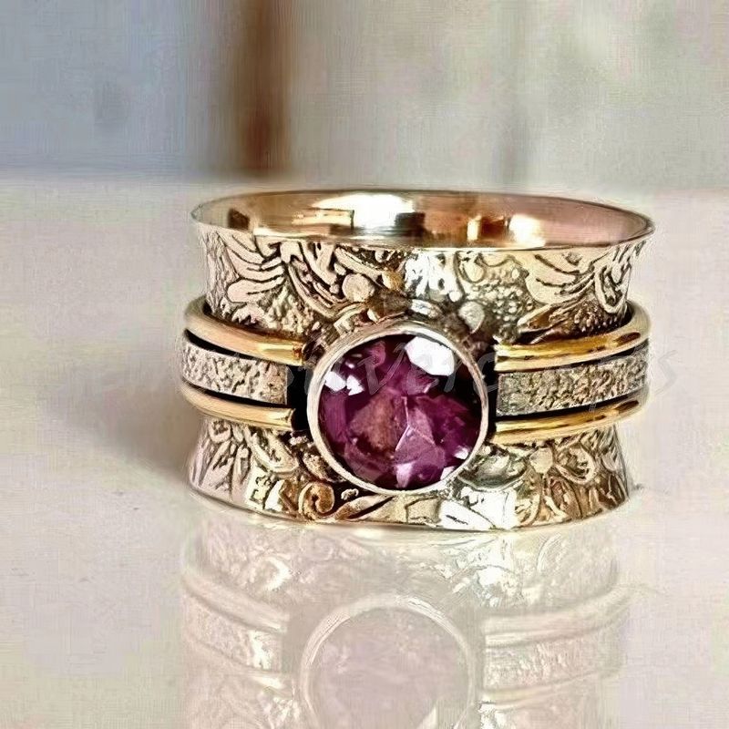 Vintage Floral Wide Band Ring with Purple Gemstone Center
