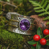 Vintage Floral Wide Band Ring with Purple Gemstone Center