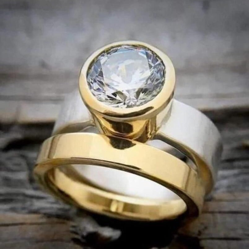 Two-Tone Bezel Set Round Crystal Statement Band Ring