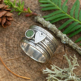 Hammered Band Ring with Green Gem and Heart Accent