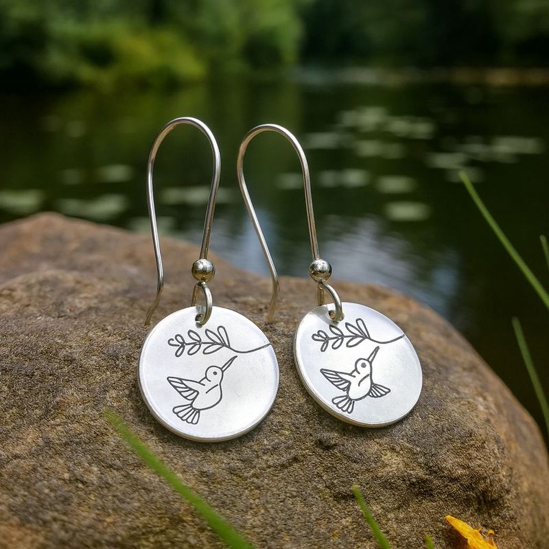 Hummingbird and Flower Round Dangle Earrings in Silver Tone