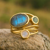 Gold Wrap Ring with Labradorite, Aquamarine and Moonstone