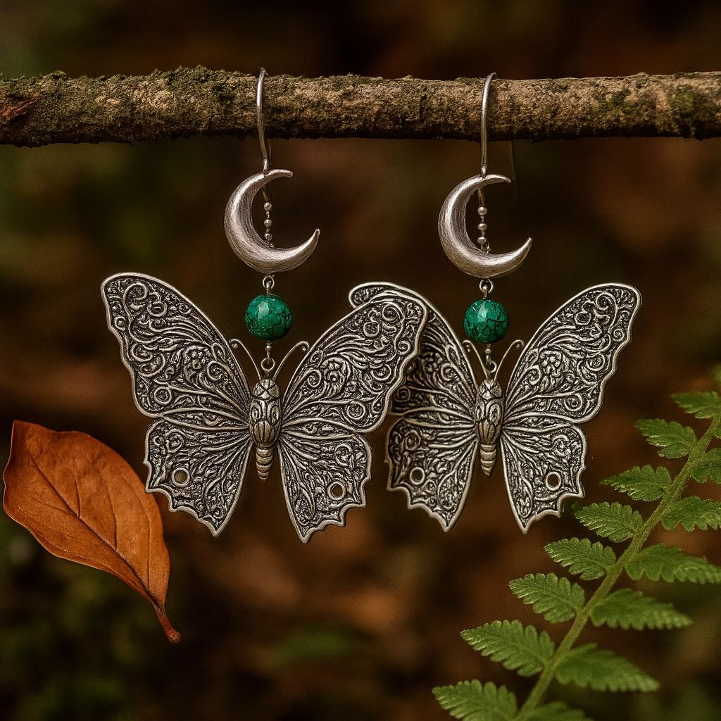 Mystic Butterfly Moon Earrings with Green Gemstone Charm