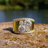 Wide Gold Band Ring with Clustered Sparkling Crystals