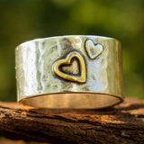 Rustic Hammered Band Ring with Dual Heart Design
