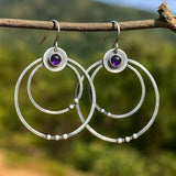 Amethyst Double Hoop Dangle Earrings with Boho Nature Charm