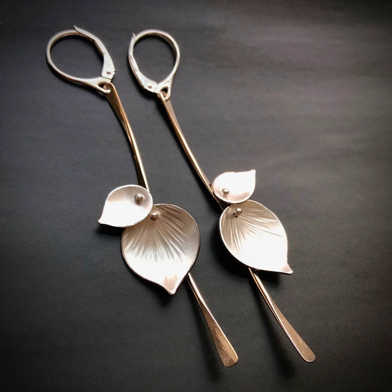 Silver Leaf Drop Earrings with Nature Goddess Design