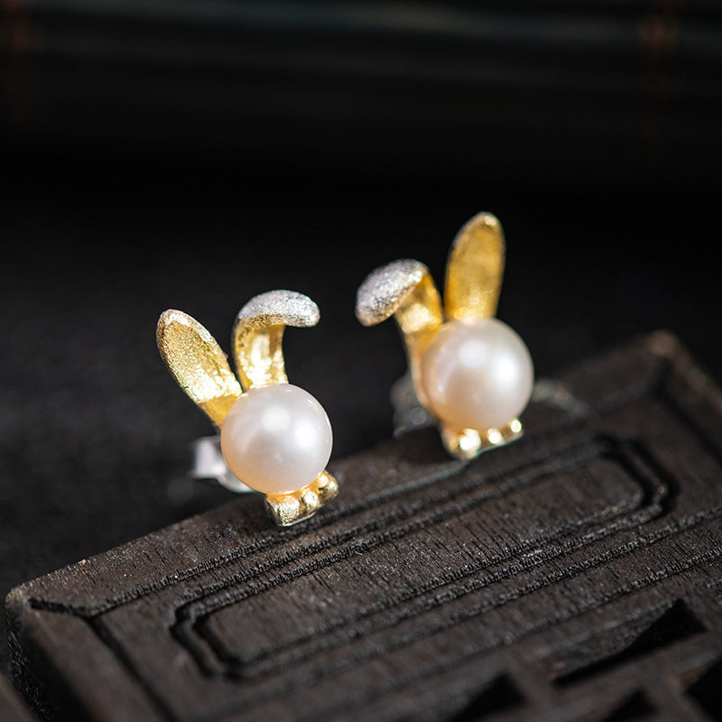 Pearl Bunny Stud Earrings with Playful Lunar Energy