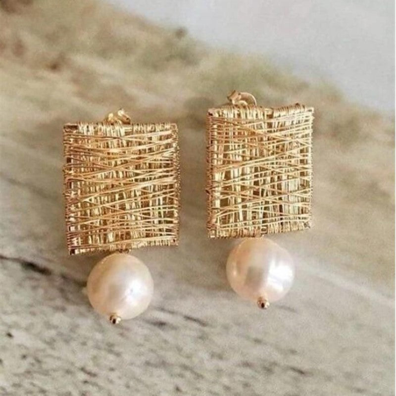 Gold Woven Rectangle Earrings with Natural Pearl Drops