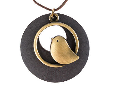 Minimalist Bird Pendant Necklace with Wooden Circle Design