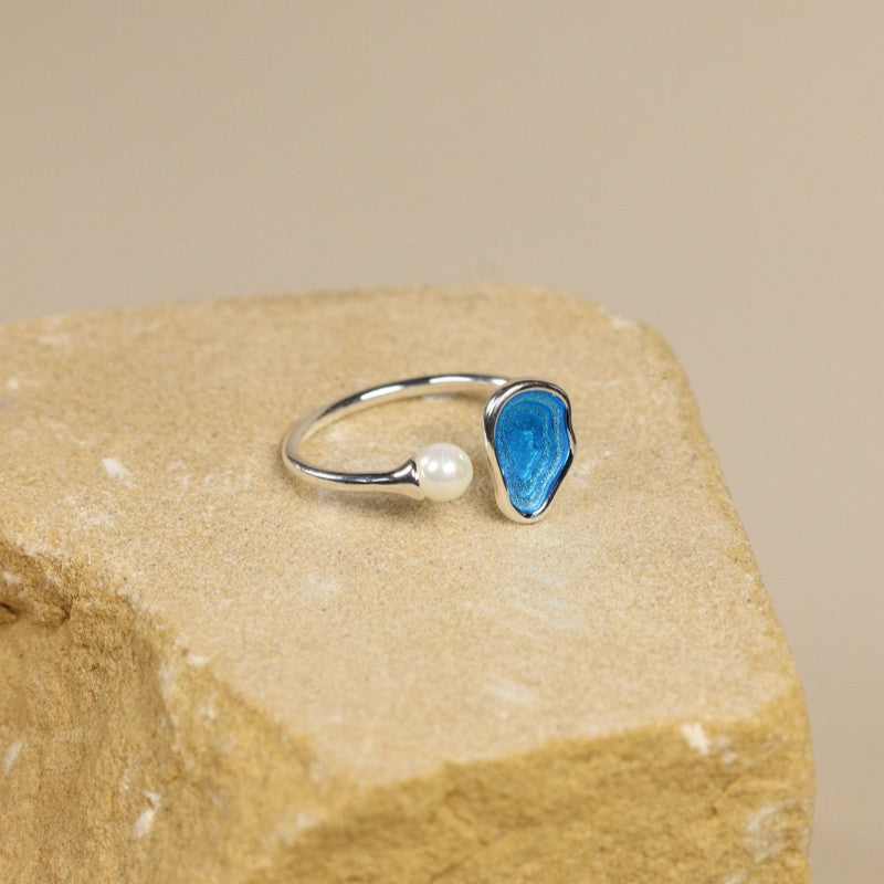 Ocean Agate and Pearl Ring for Intuition and Flow