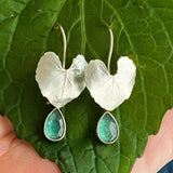 Heart Leaf Drop Earrings with Green Gemstone Nature Design