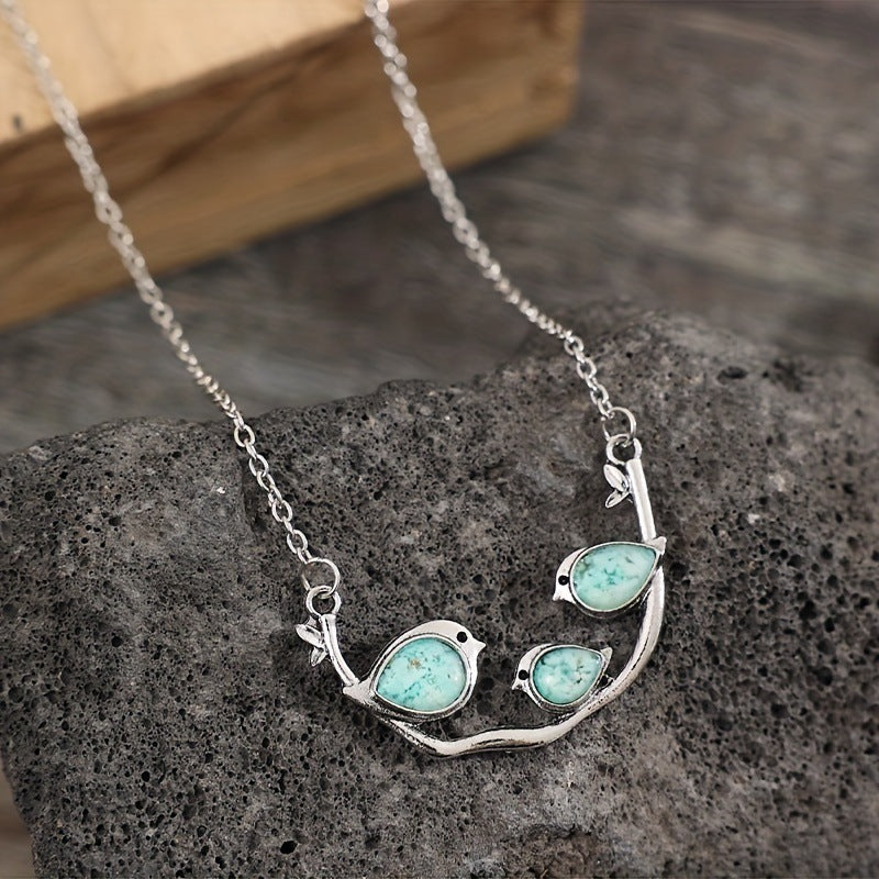 Family Bird Necklace with Turquoise Gemstones Nature Inspired