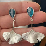 Ginkgo Leaf Drop Earrings with Blue Gemstone Nature Design