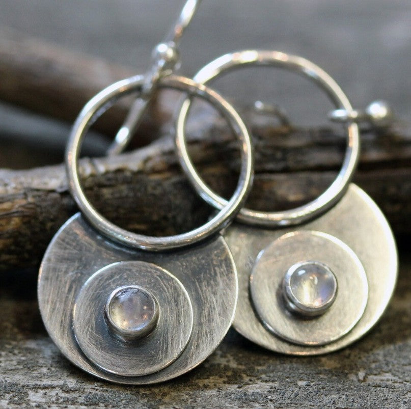 Silver Moonstone Earrings with Concentric Cosmic Disc Design