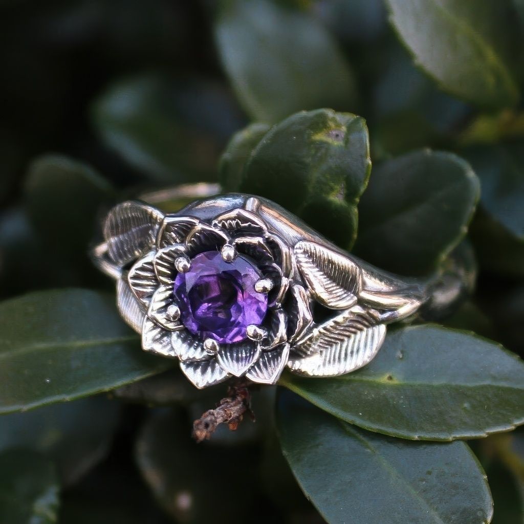 Bohemian Floral Amethyst Ring with Nature Inspired Design