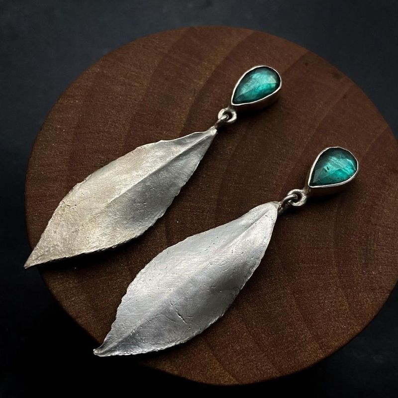 Green Gemstone Leaf Inspired Long Drop Earrings Boho Jewelry