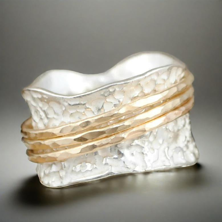 Textured Wide Band Ring with Hammered Gold Accent Lines