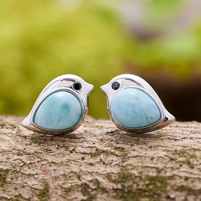 Cute Bird Stud Earrings with Blue Gemstone Nature Design