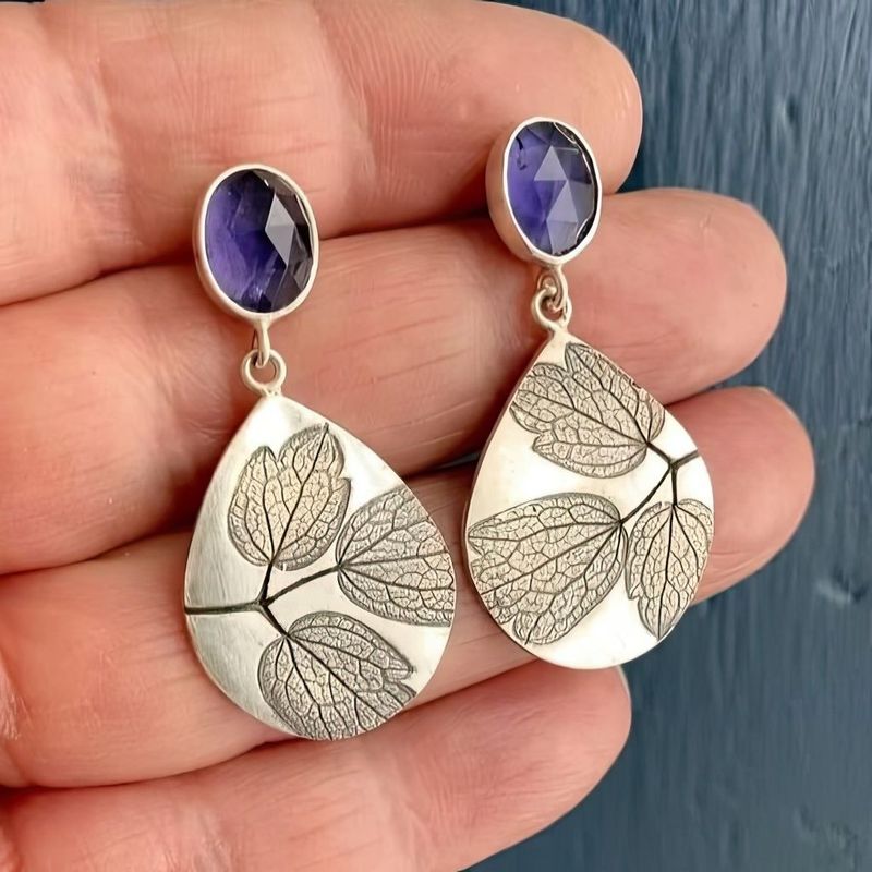 Teardrop Leaf Earrings with Purple Gemstone Nature Inspired Design