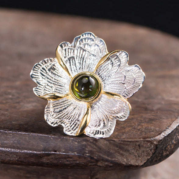 Forest Blossom Ring with Green Crystal Core