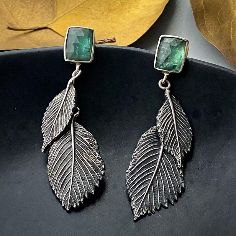 Layered Leaf Drop Earrings with Green Gemstone Nature Design