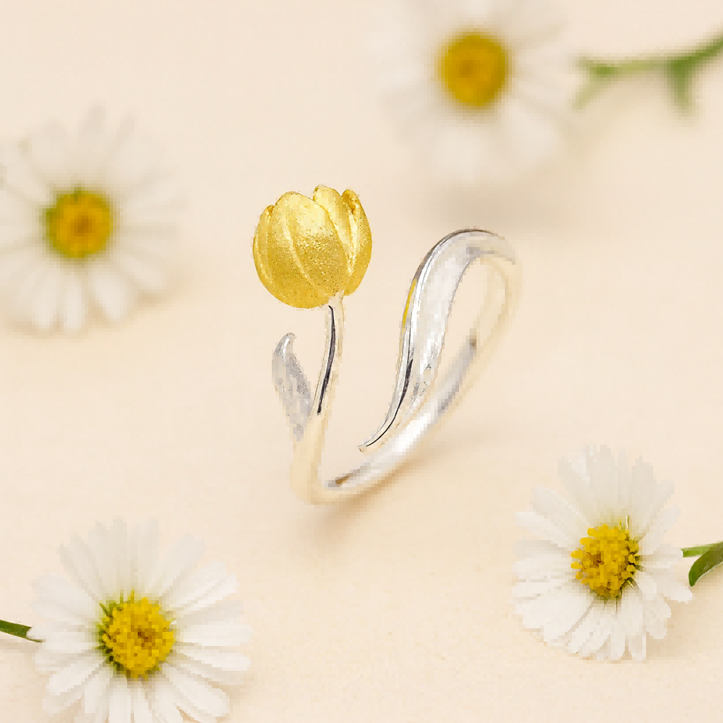 Tulip Bloom Ring – Silver & Gold Nature Spirit