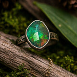 Rustic Hammered Band Ring with Green Fire Opal Gemstone